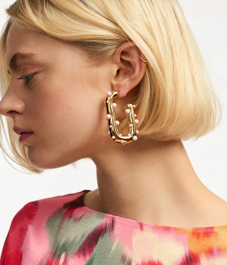 ESSENTIEL ANTWERP GOLD-TONE AND LIGHT PINK CHUNKY HOOP EARRINGS