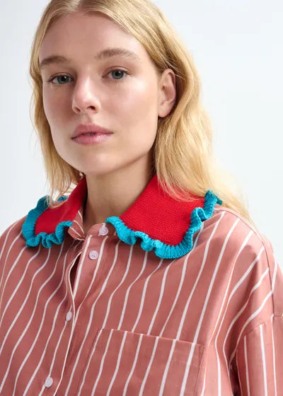ESSENTIEL ANTWERP STRIPPED SHIRT WITH CROCHET RUFFLED COLLAR