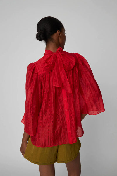 STELLA NOVA POINTELLE HIGH NECK BOW BLOUSE - FLAME RED