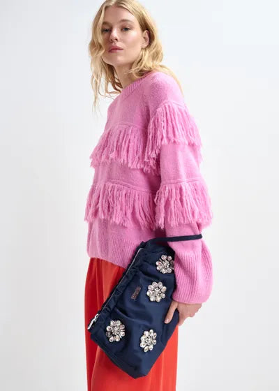 ESSENTIEL ANTWERP PINK SWEATER WITH FRINGE DETAIL