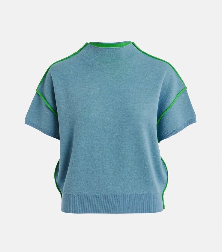 ESSENTIEL ANTWERP BLUE SHORT-SLEEVED SWEATER WITH GREEN PIPING