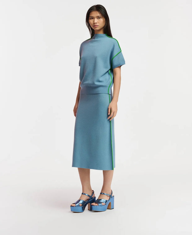 ESSENTIEL ANTWERP BLUE KNITTED SKIRT WITH GREEN PIPING