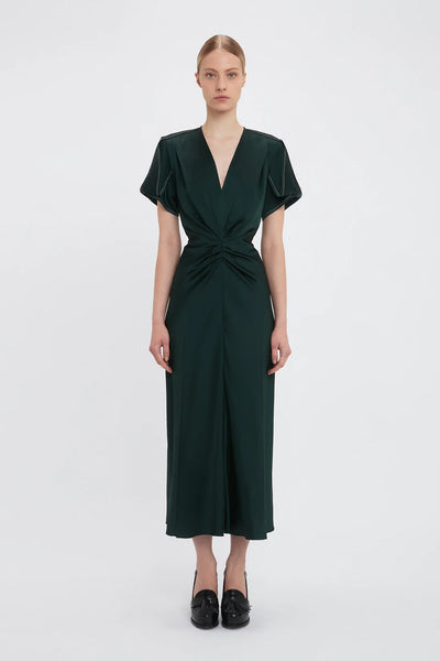 VICTORIA BECKHAM GATHERED MIDI DRESS - SEAWEED