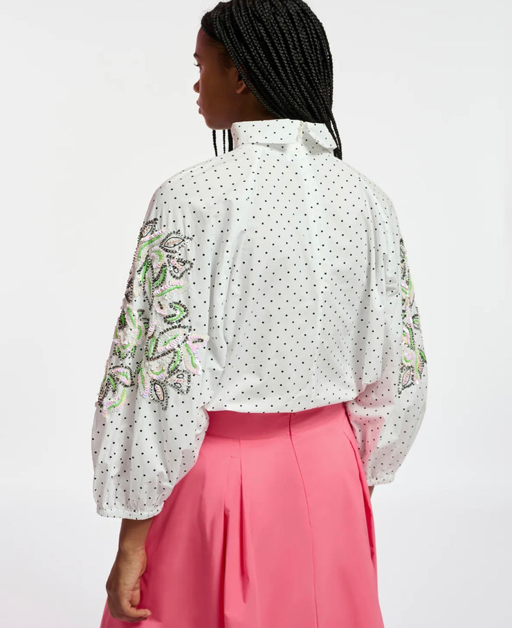 ESSENTIEL ANTWERP WHITE POLKA-DOTTED TOP WITH STAND-UP COLLAR